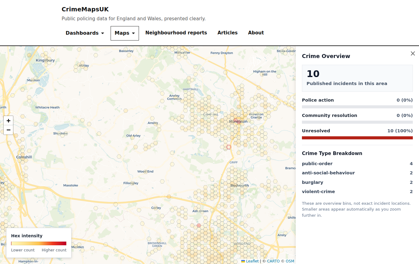 Crime map with hex detail panel open