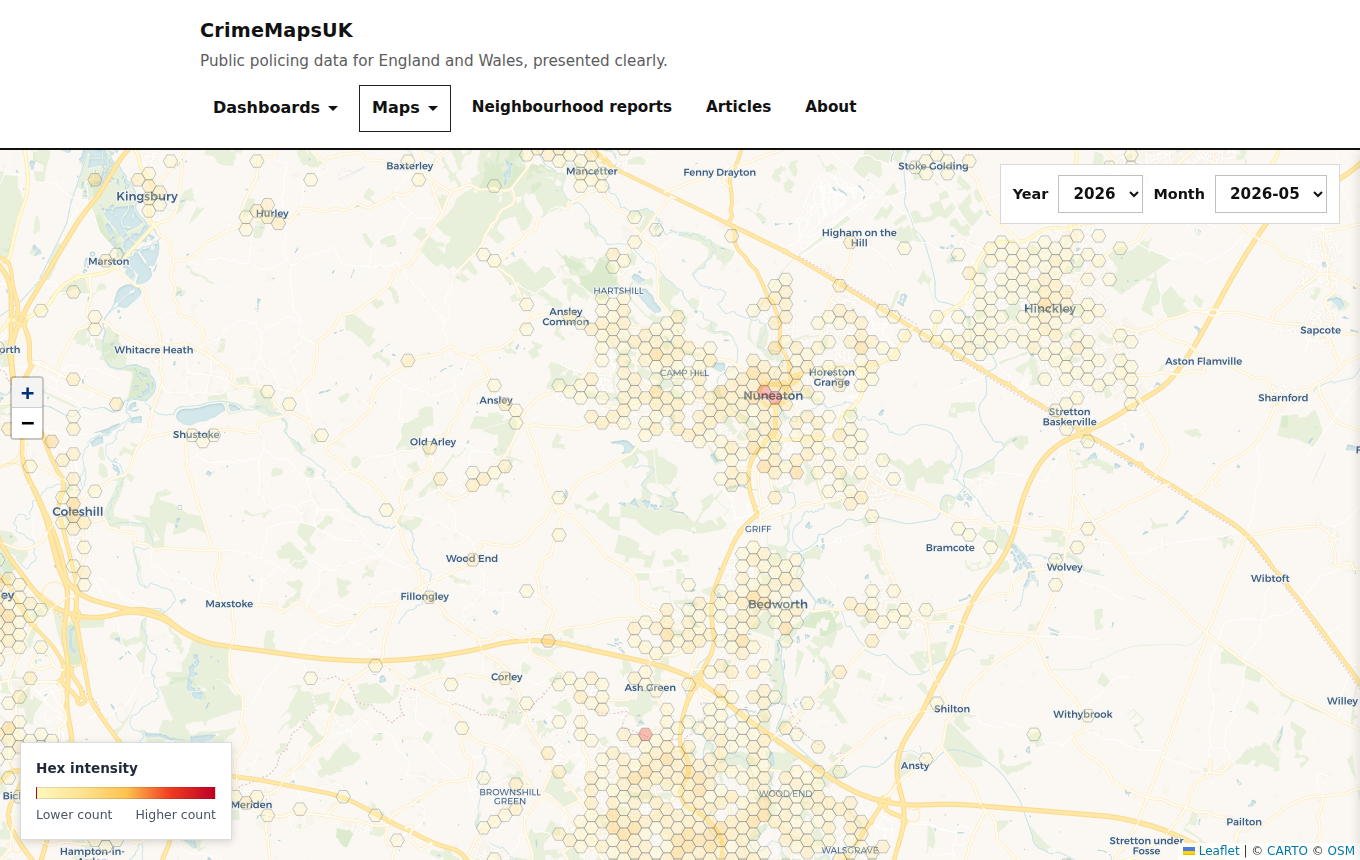 Zoomed crime hex map around a town