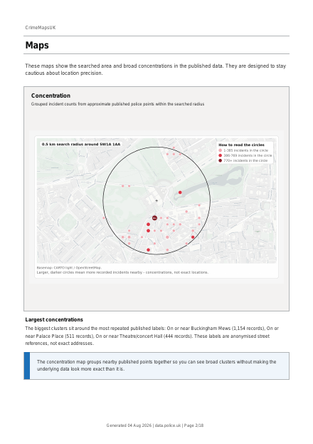 Cover page and concentration map page from a sample neighbourhood crime report